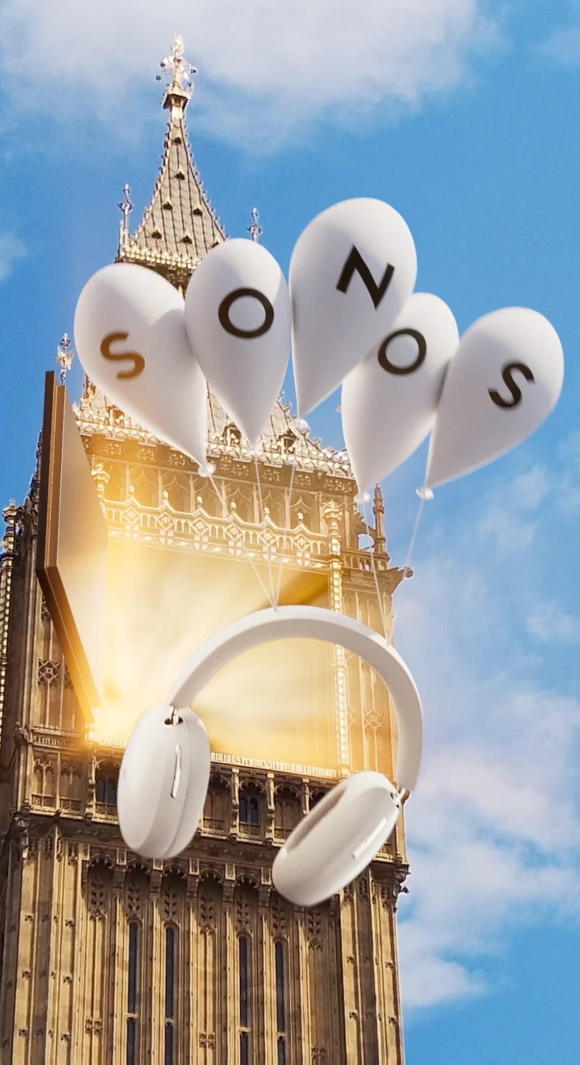 3D Headphones Flying Out Of Big Ben On Ballons VFX