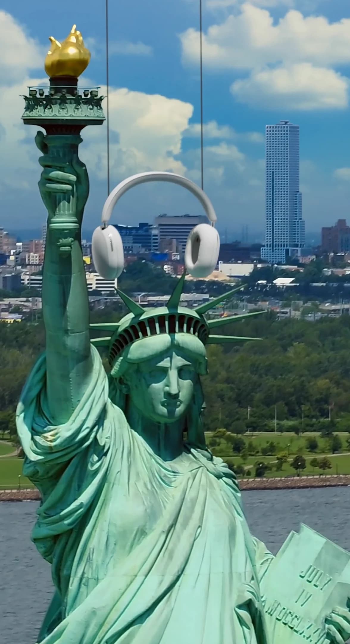 3D Headphones On Statue Of Liberty With Flowers VFX